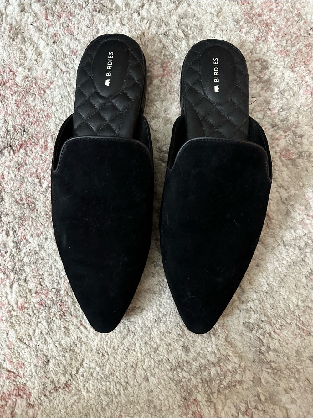 Birdies Black Suede Pointed Toe Mule Slides